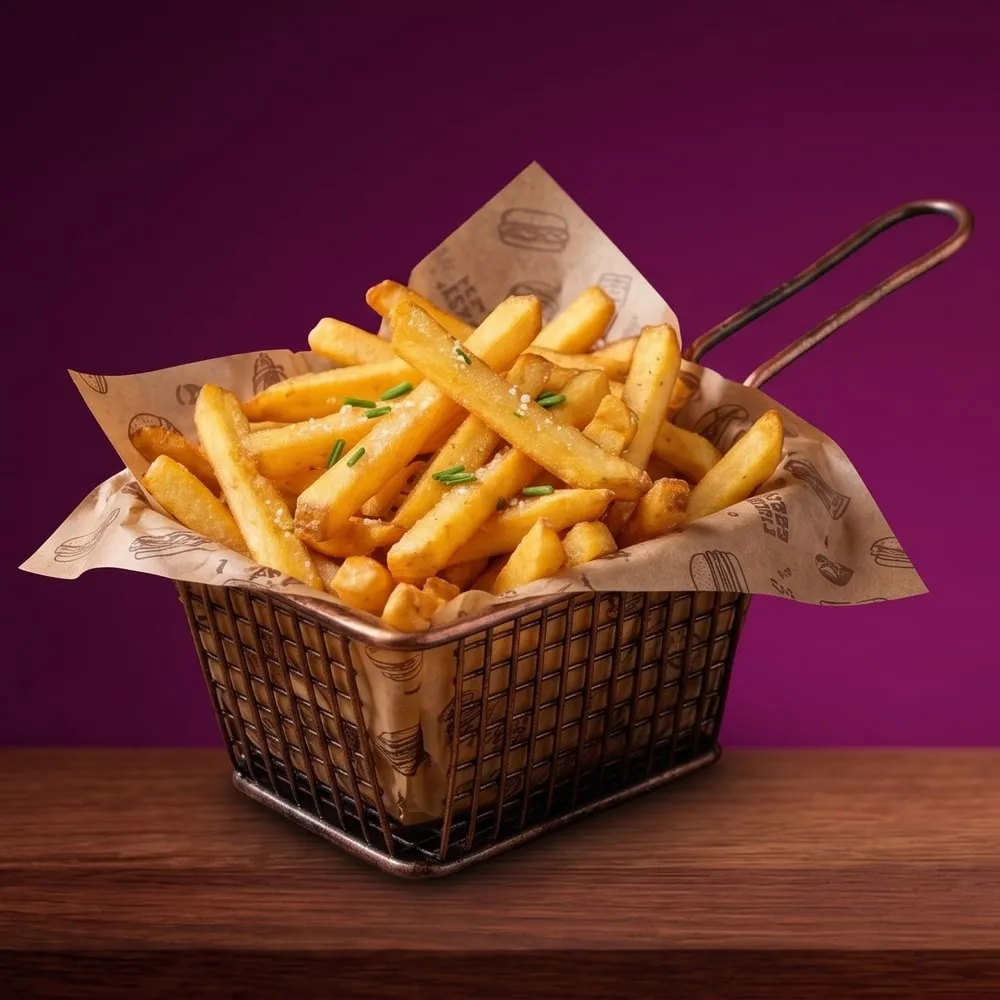 Cestinha de metal com batatas fritas douradas salpicadas de cebolinha