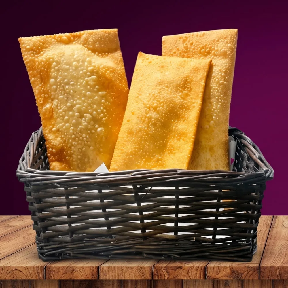 Cesta com três pastéis dourados e crocantes sobre uma mesa de madeira
