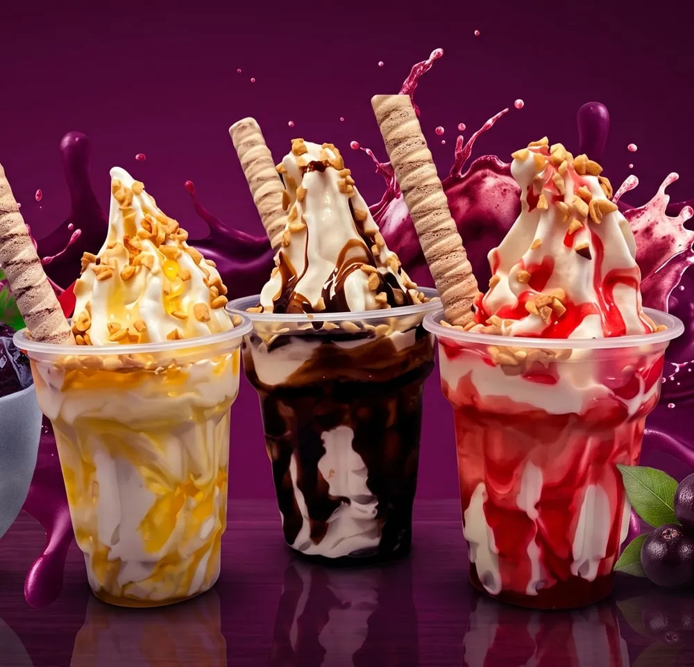 Três sundaes de sorvete com caldas de caramelo, chocolate e morango, farofa e canudinho de wafer